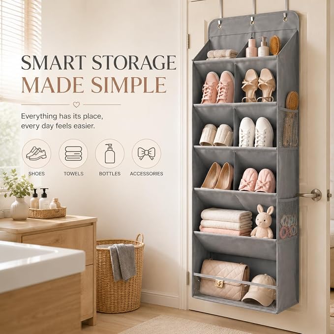 HOMELUX THEORY Hanging Shoe Organizer for Closet, 6 Tier Over the Door Shoe Organizer 120D Extra Thick with Deep Pockets, Shoe Rack for Closet & Entryway, with 4 Side Storage Pockets (Light Gray)