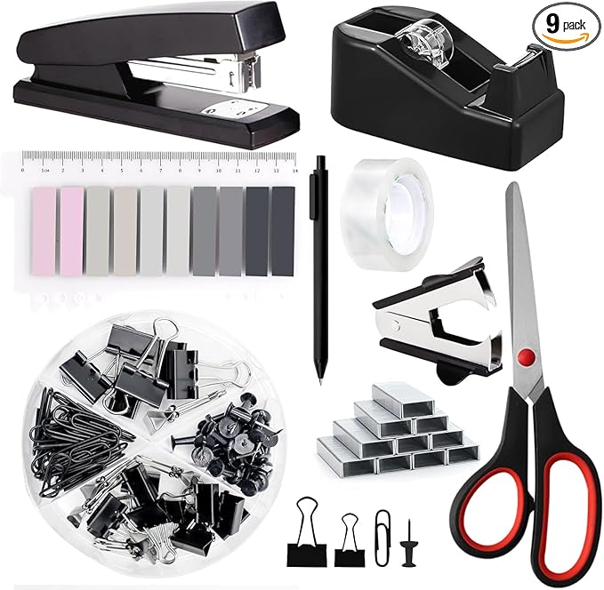 Office Supplies,Desk Accessories,Tape Holder,Stapler,Scissor,Staple Remover,Box of Binder Clips,Staples,Ballpoint Pen,Lndex Tabs,Clear Tape,Office Supplies Set(Black)