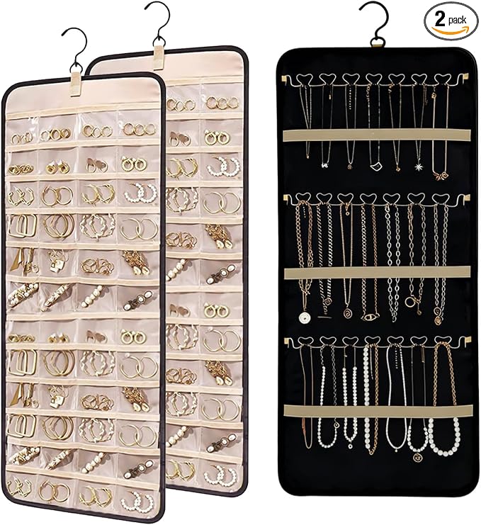 LAKSMI 2 PCS Large Hanging Jewelry Organizer for Closet, Wall or Door, 48 Pockets & 21 Hooks for Earrings, Necklaces and Rings