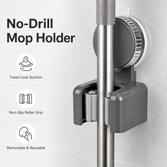 Suction Cup Mop and Broom Holder Wall Mount, No Drill Rotating Mop Gripper and Broom Hanger, Single Slot Cleaning Tool Holder for Bathroom, Kitchen, Laundry Room, Gray