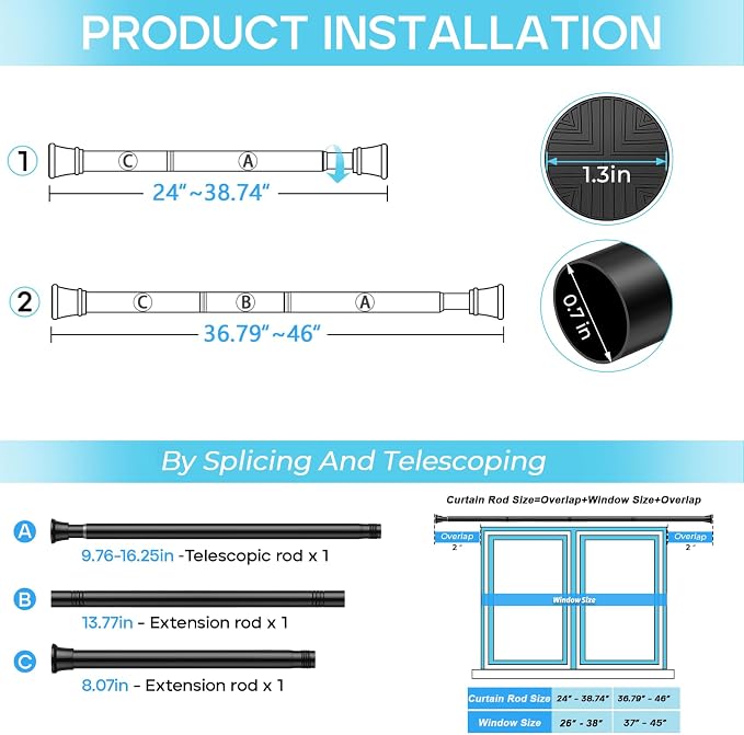 Spring Tension Curtain Rod 24-46 inch, Adjustable Expandable Tension Curtain Rod No Drilling, Tension rods for Window Doorway Kitchen Curtain, Black