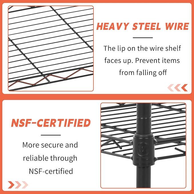 Wire Shelves 5-Tier Metal Storage Shelves 11.6" D x 21.5" W x 47.6" H Adjustable Wire Rack Shelf NSF Shelving Unit for Kitchen Storage Pantry Laundry, 750LB Capacity, Black