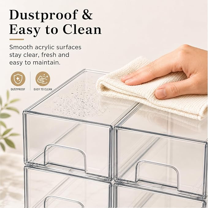 Clear Stackable Storage Drawers: Baby Bottle Storage Organizer, Acrylic Bottles Station Organizer Container for Countertop, Vanity, Bathroom, Cabinet Organization - 4 Pack