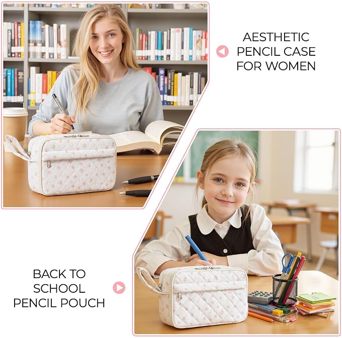 WOBAGMEN Quilted Pencil Pouch for Women, Large Capacity Pencil Case with Compartments, Cute Aesthetic Pencil Organizer, Floral Stationery Pouch（Pink mini Floral）