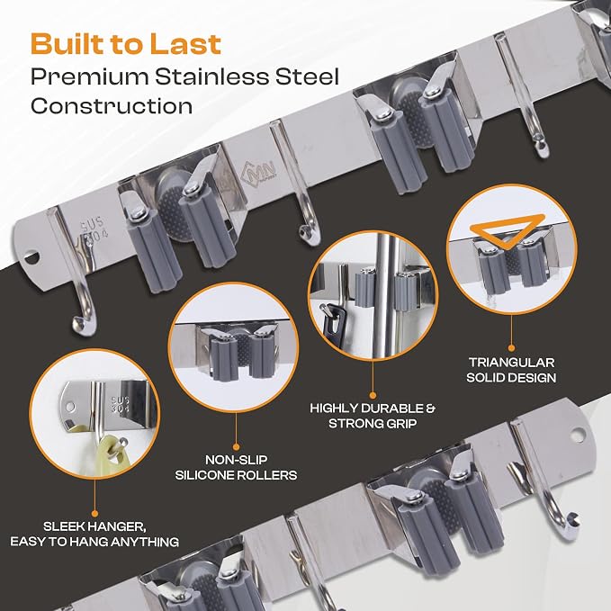 Heavy-Duty Stainless-Steel Broom Holder Wall Mount with 4 Racks and 5 Hooks | Rust Resistant Mop and Broom Hanger | Adjustable, Garage & Garden Tool Organizer | Silver Color