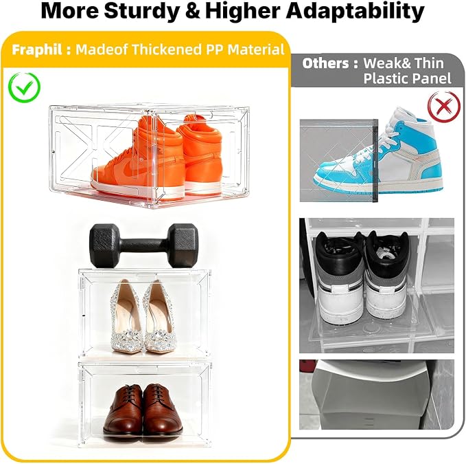 Stackable Clear Pink Shoe Boxes 6 Pack with Magnetic Door, Drop Front Sneaker Storage Organizer for Closet, Large Transparent Plastic Shoe Storage Containers