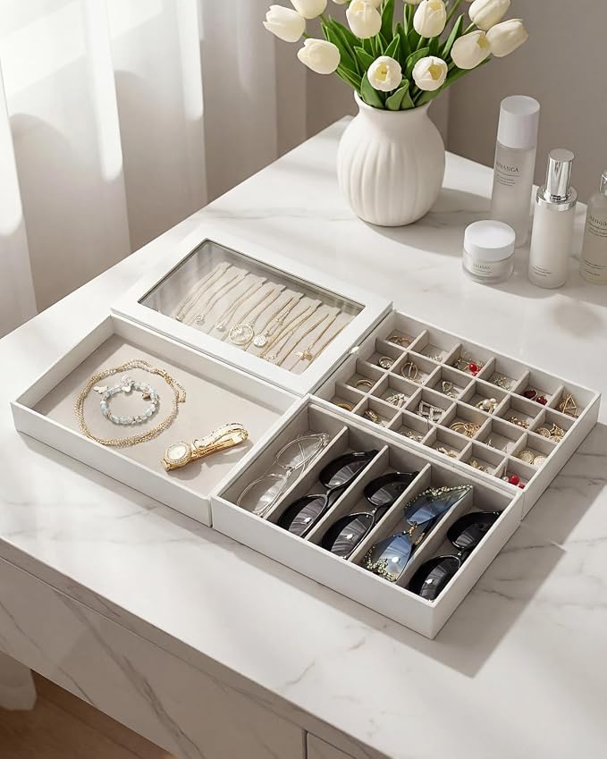 4-Layer Stackable Jewelry Organizer Trays with Tempered Glass Lid, White PU Leather Jewelry Drawer Inserts Display Case, Large Storage Box for Earring Necklace Ring Sunglasses