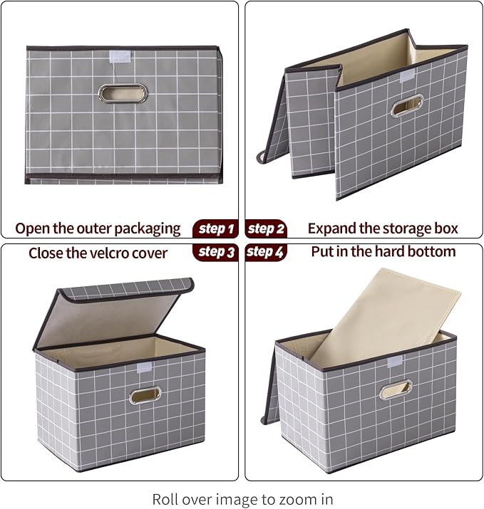 STOREONE Fabric Storage Cube Bins Foldable Organizer Container Collapsible Basket with Lids and Metal Handles, for Home, Bedroom, Closet 6 Pcs (Grey grid)