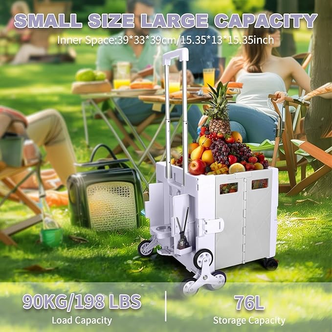 FELICON Folding Climber Utility Cart,Rolling Crate,Tote on Rotate Wheels with Adjustable Handle,Hidden Lid,Cup Holder,Storage Bin for Teacher,Office,File,Move,Shop,Travel,Laundry,Grocery(Purple Gray)