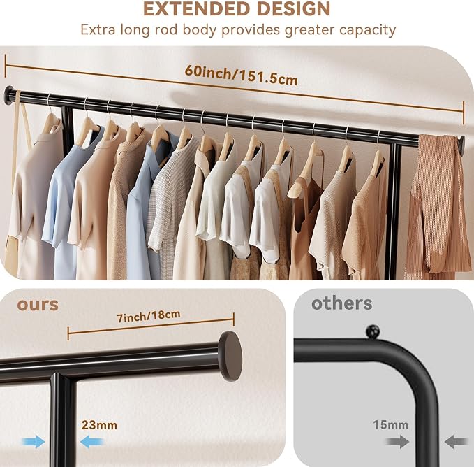 Standard Clothes Rack, Rolling 60“L Clothing Garment Rack with Wheels for Hanging Clothes, Portable Wardrobe Rack for Bedroom, Laundry Room, Black