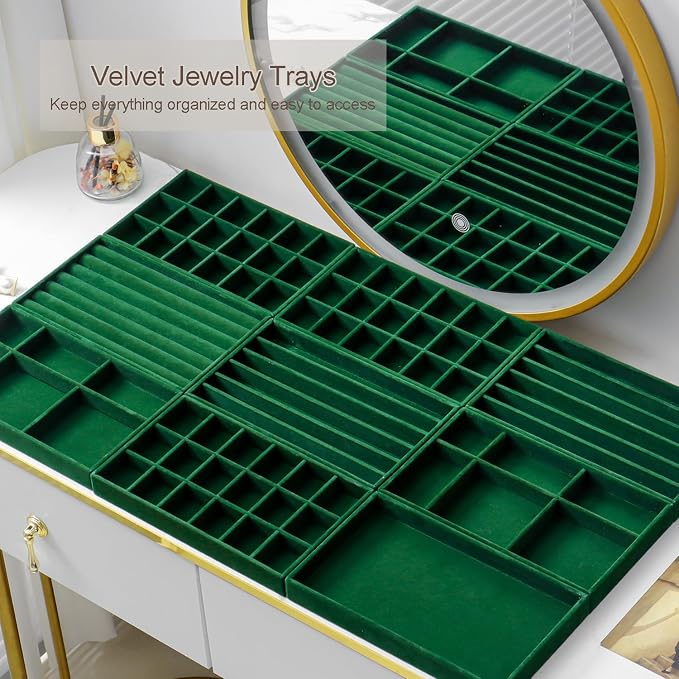 SPAKOWN Jewelry Drawer Organizer Inserts Set of 9, Jewelry Trays for Drawers Velvet Jewelry Organizer Tray Drawer Jewelry Organizers and Storage for Earring Ring Necklace Watch Bracelet (Green)
