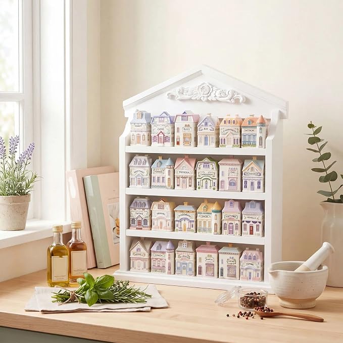 Chunful Vintage Spice Jar Wooden Rack with 4 Tier Hanging Spice Rack Wall Mounting Kitchen Storage Village Style Display Shelf for 24 Jar, Christmas Wedding Bridal Gift, Shelf Only(Carving)