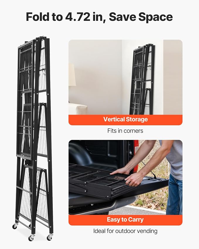 VEVOR 4-Tier Foldable Storage Shelf, 36W x 21D x 60H Inch Folding Metal Rack Shelving Unit, No Assembly Organizer Shelf with 5 Wheels & 4 Hooks for Pantry, Kitchen, Garage, Basement, Black