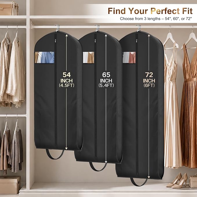 MISSLO 72" Wedding Dress Garment Bag for Travel Waterproof Dress Bags for Gowns Long 4" Gusseted Dresses Protector Bag for Closet Storage Clothing Covers for Hanging Clothes, Black