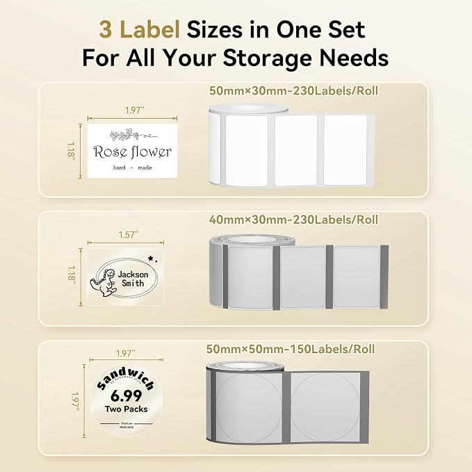 NIIMBOT Thermal Label Tape 3 Rolls, Compatible with B1 B21 B31 Label Maker | Multi-Size Pack, 50x30mm White, 40x30mm Clear, 50x50mm Round | for Address, Jar, Gift, Logo & File Organization Stickers