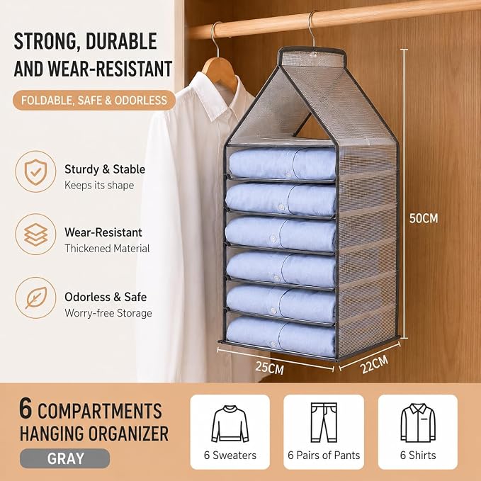 Hanging Closet Organizer, 6-Shelf Foldable Wardrobe Storage for Clothes, Space Saving Hanging Organizer with Reinforced Hook for Sweaters, Pants & Shirts (Large Grey)