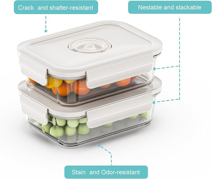 Vacuum Seal Glass Food Storage Containers, 3pcs Containers with 10pcs Sous Vide Bags/ 1pc Manual Pump, Meal Prep Container with Airtight Locking Lids for Lunch, Long-Lasting Freshness