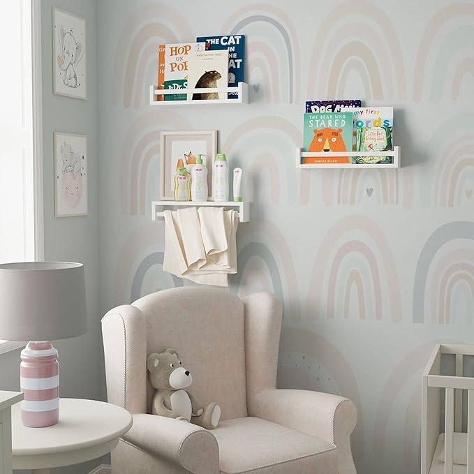 Brightmaison Nursery Book Shelves - Floating Wall Shelves – Baby, Kids, Nursery Wall Decor - Wall Mount Book Organizer Storage Ledge, Display Holder for Toys - Set of 3, Ships Assembled (White)