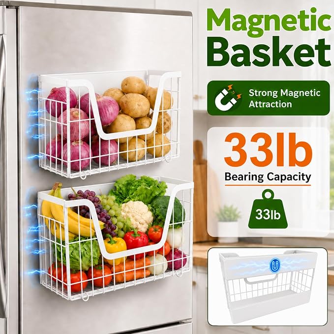 UFORU 2 Set Magnetic Shelf for Fridge, Magnetic Fruit Basket for Refrigerator, Potato Onion Storage Bins with Strong Magnets, Fridge Magnetic Spice Rack for Pantry Kitchen Counter Laundry Room, White