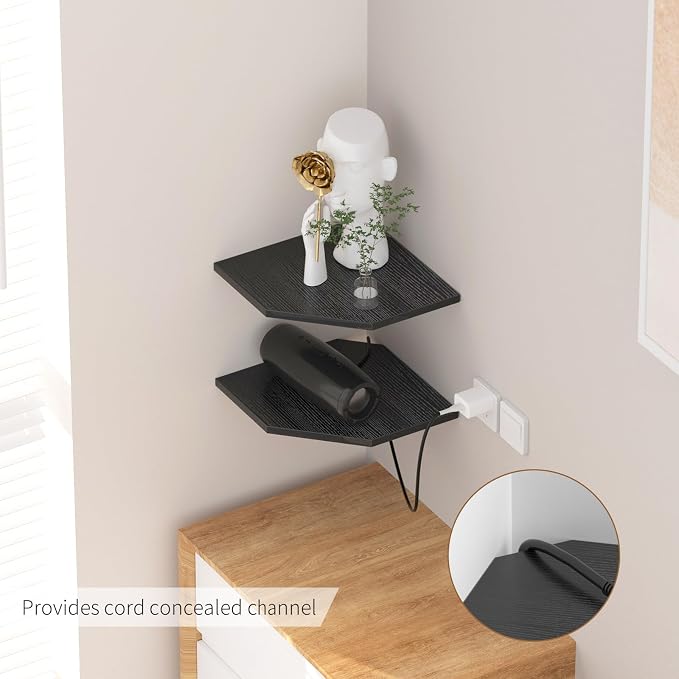 JJL Corner Shelves, 12 Inch Corner Shelf Wall Mounted with Wire Hole, 4 Tier 13.3 Inch Deep Wooden Corner Hanging Shelving for Wall Storage, for Speaker, Cable Box, Black