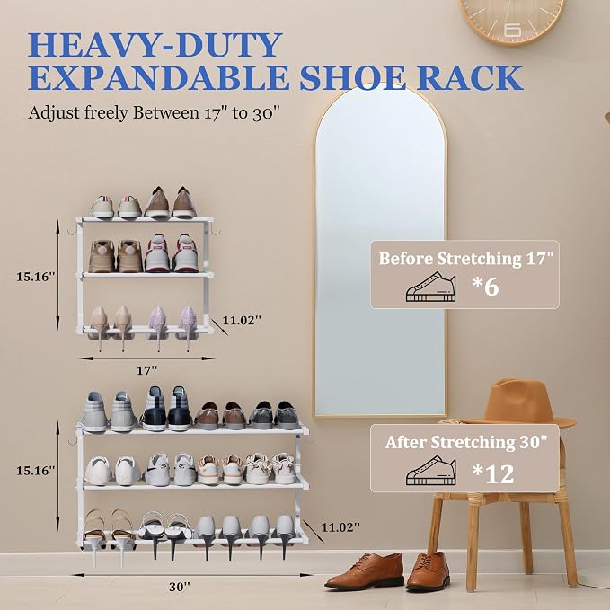 2 Pack Wall Mounted Shoe Rack, 3 Tier Hanging Shoe Rack Holds 24 Pairs, 17"-30"Adjustable Heavy Duty Metal Shoe Organizer Holder with 4 Storage Hooks, Space Saving for Closet Entryway Doorway（White)