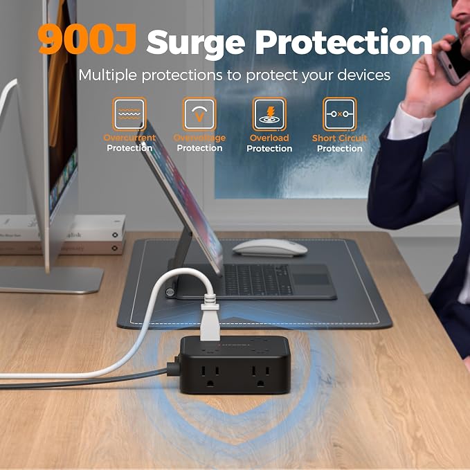 TESSAN Surge Protector Power Strip, 10 Ft Flat Plug Extension Cord with 3 USB (1 USB C) 8 Outlets, 900J Protection, 3 Sided Outlet Extender with Power Switch for Office, Dorm Room, Black
