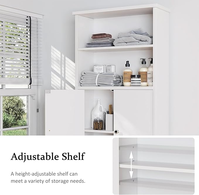 Extra Tall Over The Toilet Storage Cabinet for Bathroom, 75in Storage Organizer Over Toilet with Adjustable Shelf, Space Saver with Open Shelf, White