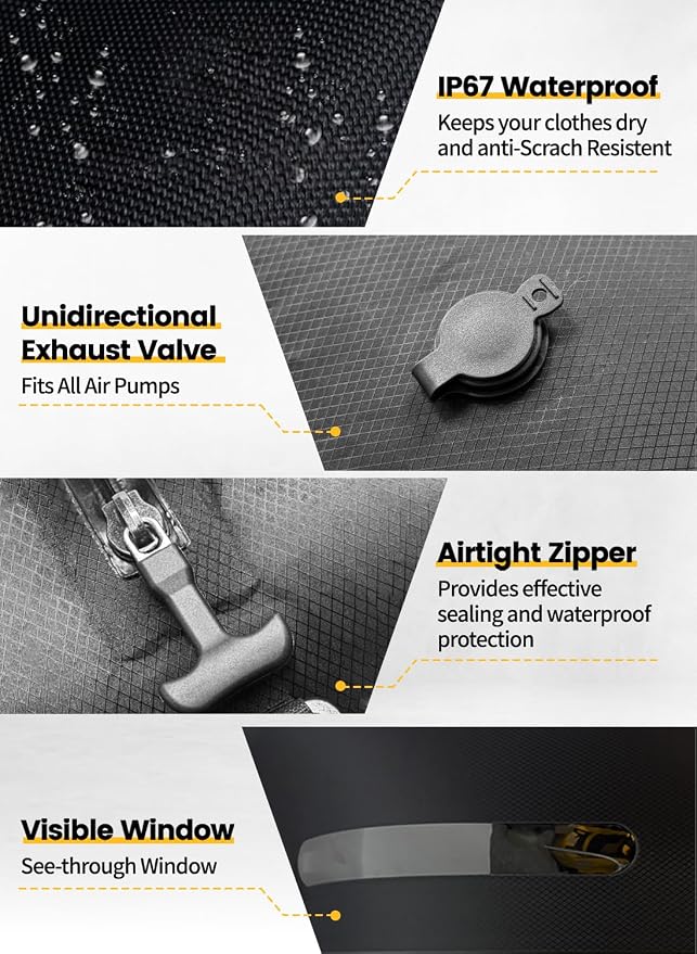 Travel Vacuum Bags with USB-C Pump, Compression Storage Bags for Clothing, Space Saving Packing Cubes Alternative for Carry-On Suitcase, Backpack & Luggage, Waterproof Reusable Travel Bags