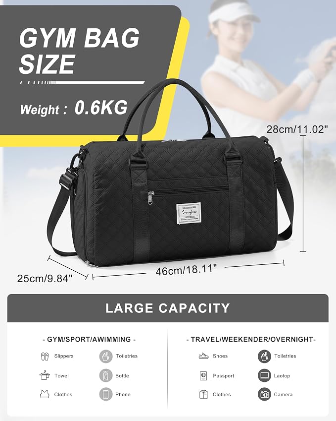 Gym Duffle Bag for Women with Shoe Compartment Waterproof Travel Tote Bags Personal Item Carry On Weekender Overnight Bags with Toiletry Bag Swimming Yoga Bags Hospital Holdalls Black