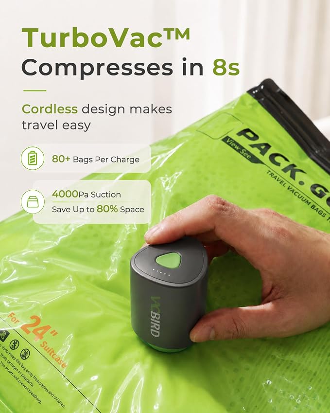 Vacbird Travel Vacuum Bags with Rechargeable Cordless Vacuum Pump, 10 Pack Compression Bags for Clothes, Space Saver Bags for Luggage, Suitcase & Carry-On Packing Travel