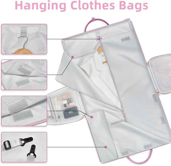 Convertible Garment Duffle Bag for Women, Foldable 2-in-1 Carry On Travel Bag with Shoe Compartment & Toiletry Pocket, PU Leather Stylish Garment Bags for Business Trip, Vacation, Pink-White