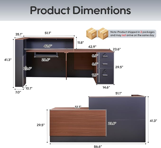 L-Shaped Reception Desk,Large Front Desk with Keyboard Tray, Lockable Drawers & File Cabinet, Receptionist Desk for Checkout,Lobby (Right L-Walnut/Slate Gray, 86.6''L x 23.6''W x 41.3''H)