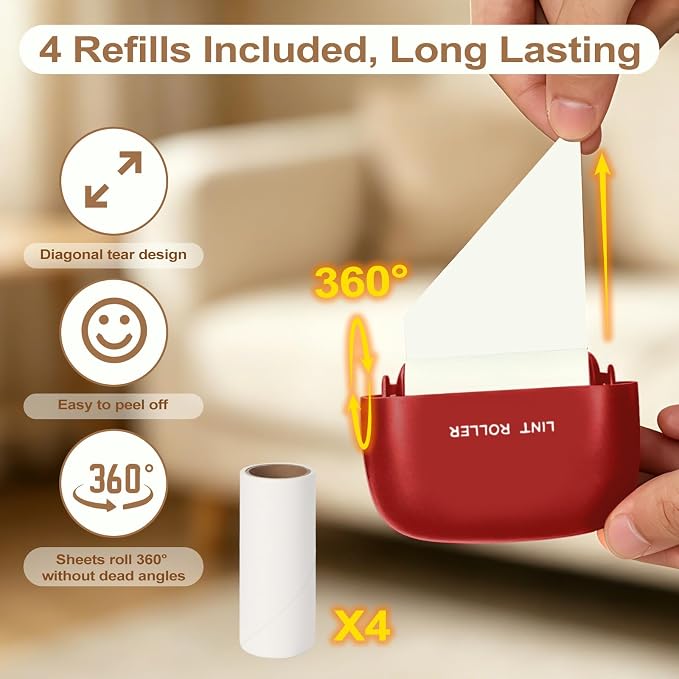 Disposable Mini Lint Roller with 4 Refills, ChristmasRed | Portable, Easy Tear Residue-Free, Pocket-Sized for Travel Clothes, Furniture, Carpets, Pet Hair Remover, Fits in Wallet Bag