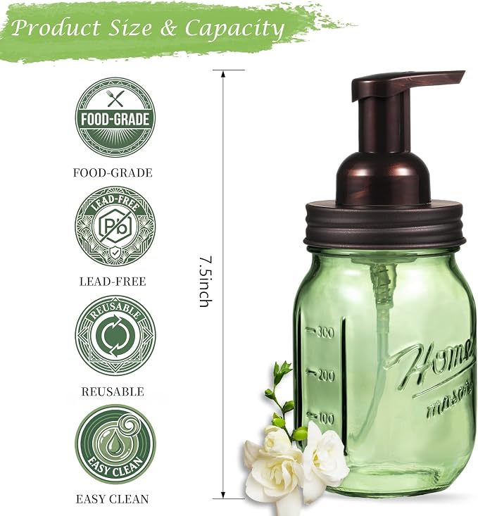Amolliar Mason Jar Foaming Soap Dispenser, 16OZ Green Glass Hand Soap Dispenser, Plastic Pump & Stainless Steel Lid, Kitchen Dish Soap Bathroom Accessories, Farmhouse Soap Pump Bottle, Bronze 1 Pack