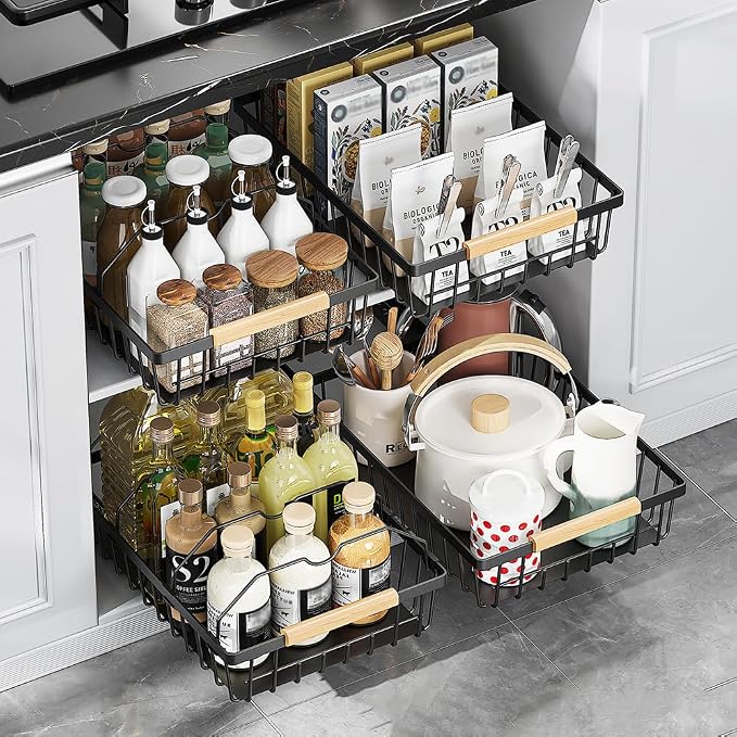 Pull Out Cabinet Organizer, Multifunctional Sliding Mesh Cabinet Basket, No Drill Pull Out Shelf Storage Drawer for Kitchen Bathroom Home Pantry
