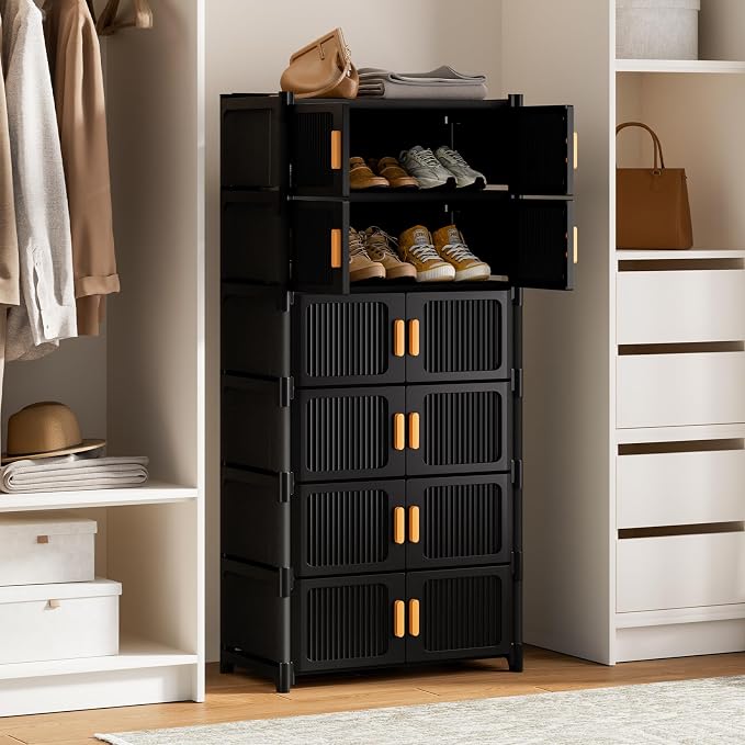 Shoe Rack, 7 Tier Shoe Storage Cabinet with 6 Doors, 21 Pair Plastic Shoe Cabinet with Waterproof, Outdoor Shoe Shelves Organizer for Entryway, Bedroom, Hallway,Living Room, Black