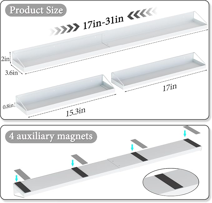 Magnetic Over the Stove Shelf, Extendable（16" to 30" ）Steel Spice Rack Shelf, Above Oven Storage Organizer, Stove Top Shelf for Kitchen Range, Back of Stove & Floating Shelves for Bathroom - White