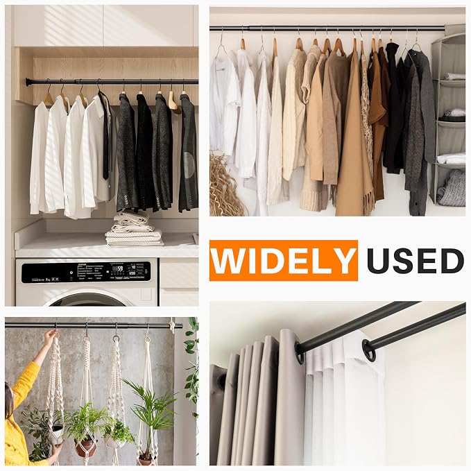 SUTINE Closet Rod for Hanging Clothes, 17 to 67 Inch Adjustable Closet Hanging Rod, Heavy Duty Clothes Hanging Rod Bar Black Metal Closet Poles with Threads for Wardrobes, Closet, Bathroom, Windows