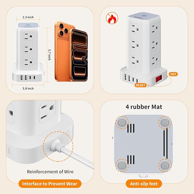 Extension Cord with Multiple Outlets, SMALLRT Surge Protector Power Strip Tower, Outlet Extender with 12 AC Outlets 4 USB, 6.5FT Extension Cord for Home Dorm Room, Office Supplies,Overload Protection