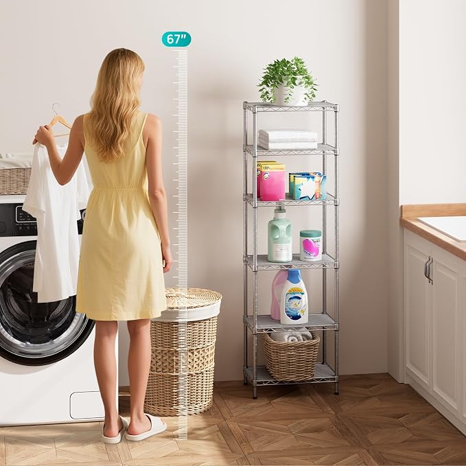 SINGAYE Metal Shelves Wire Shelving Storage Standing Adjustable Shelf Unit | 6 Tier Mesh Units Shelf for Kitchen Laundry Bathroom Closet Organizers Pantry Narrow Home Rack 10" D x 16" W x 63" H Gray