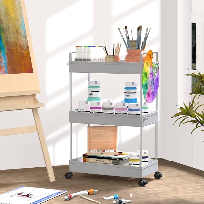 SOLEJAZZ 3 Tier Slim Rolling Storage Cart Organizer with Wheels, Gray | Utility cart for bathroom, laundry, bedside, dorm&narrow spaces. Fits craft, nail, makeup, snack, art, diaper&baby essentials