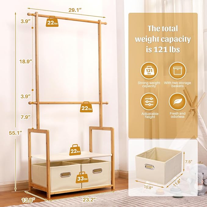 Bamboo Kids Clothing Rack: Holds Up To 121 Lbs of Dress-Up Clothes | 2 Adjustable Hanging Rods & 2 Storage Baskets With Shelf. Child Garment Holder for Playroom & Toddler Bedroom (Natural)