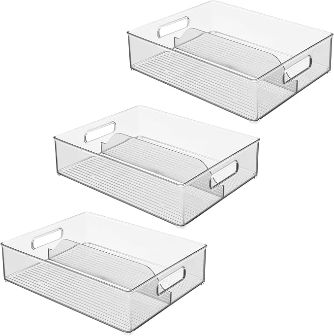 iDesign Divided Pantry Bin with Handles, Set of 3, Clear | For Pantry, For Refrigerator, For Freezer
