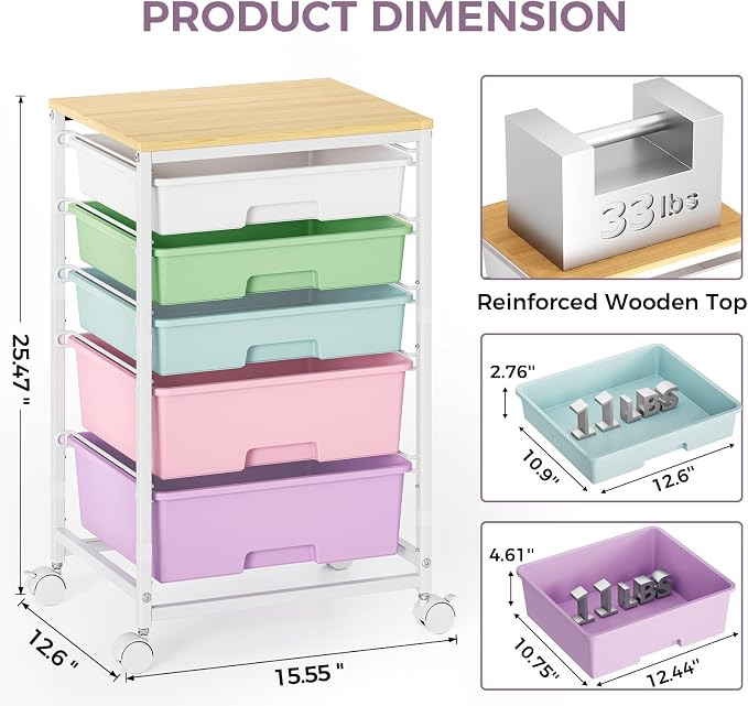 SYKIARIOL 5-Tier Rolling Utility Storage Drawer Craft Cart on Wheels with Wooden Tabletop, Mobile Craft Storage Drawer Cart Trolley for Home Office, Classroom, Craft Room & Kid Room, Ice Cream