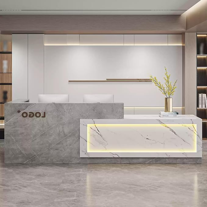 Modern Reception Desk with Counter, Front Desk Reception Counter with Lockable Drawer, Keyboard Tray & Storage Cabinet, Solid Wood Receptionist Table for Salon Office Lobby (E - Right, L 2.2m/86in)