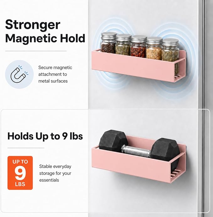 SMRCAD 6 Pack Metal Magnetic Spice Rack for fridge, Heavy Duty | Iron + Magnet | Holds 9 lbs per shelf | Full-back magnets | Screws included | Climate Pledge Friendly
