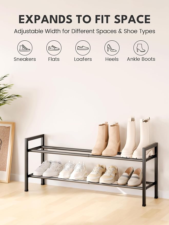 Bumusty 2 Tier Expandable Shoe Rack for Closet, 18“-33” Adjustable Shoe Rack for Small Space, Small Shoe Organizer for Front Door, Sturdy Metal, Black