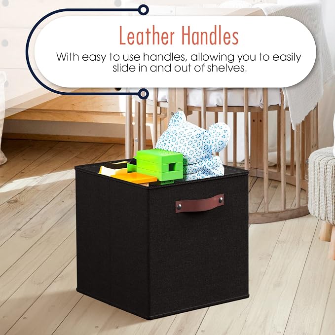 Ornavo Home 11x11 Foldable Fabric Storage Cube Bins, 6 Pack, Black | Collapsible Linen Shelf Basket Organizer; Leather Handles; Ideal Cube Storage For Closet