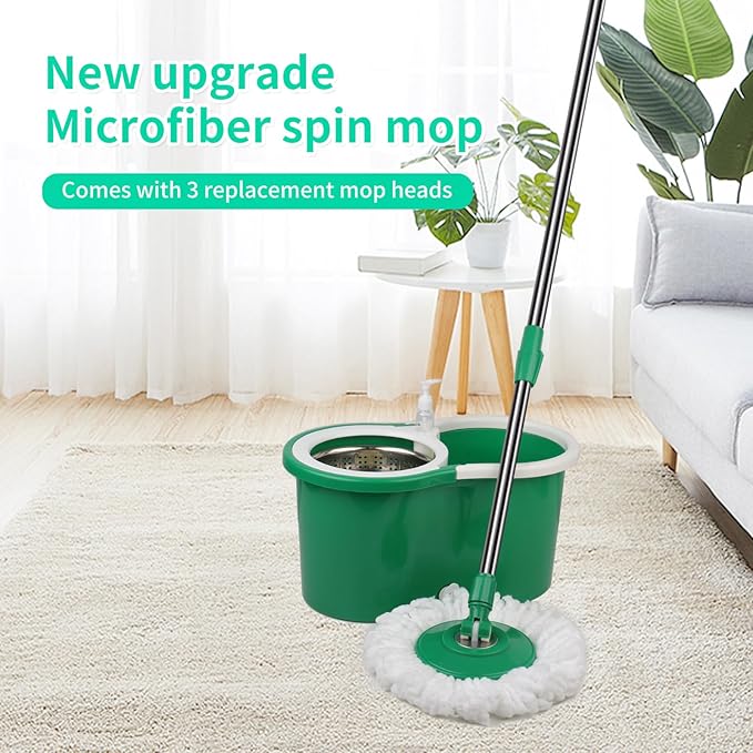 Spin Mop and Bucket, Mop and Bucket with Wringer Set 360° Spinning Mop with 3 Microfiber Mop Refills 61" Adjustable Handle for Floor Cleaning
