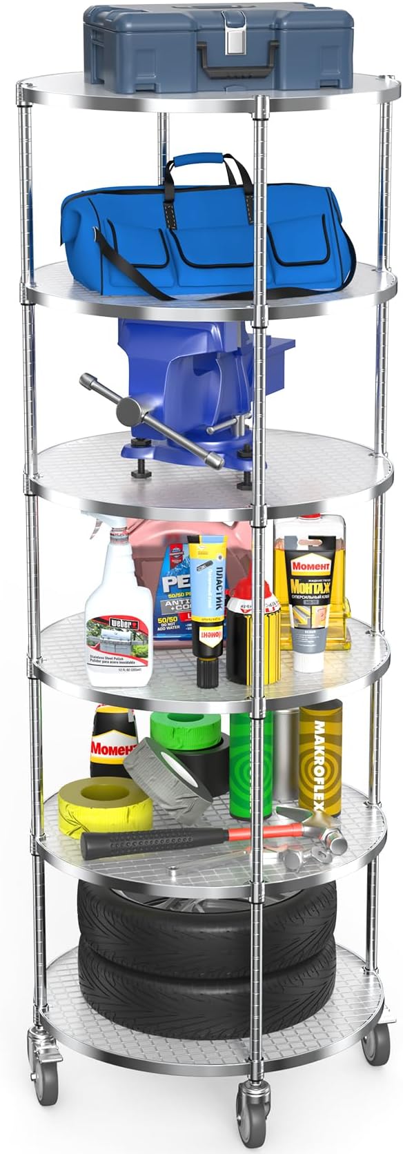 6 Tier NSF Metal Shelf Round Corner Wire Shelving Unit, 2400lbs Capacity Heavy Duty Adjustable Storage Rack with Shelf Liners for Kitchen Garage Office Etc Room Corner, 85.5"H x 30"L x 30"D - Chrome
